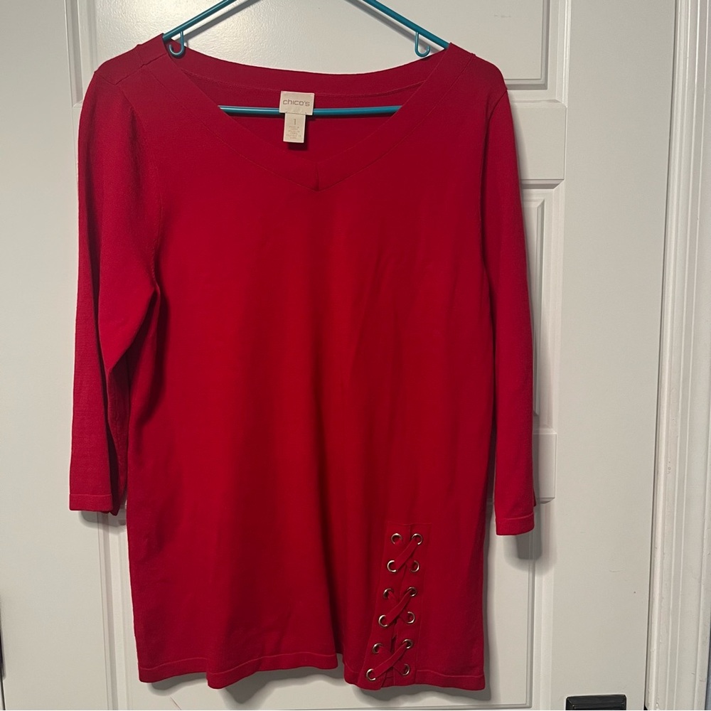 Chico's Holiday Red Relaxed 3/4 Sleeve Blouse